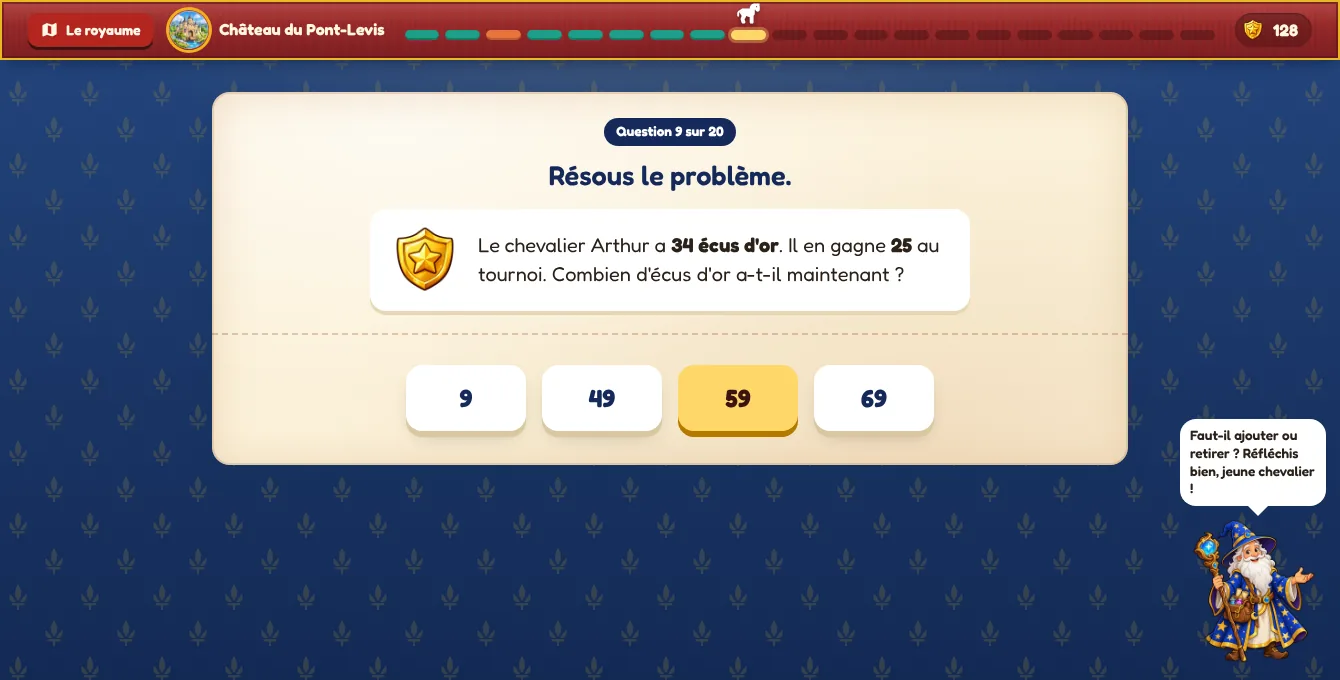 Exemple d'exercice de CE1 dans l'univers « Le Royaume des chevaliers » : Résoudre un problème : ajouter ou retirer ?