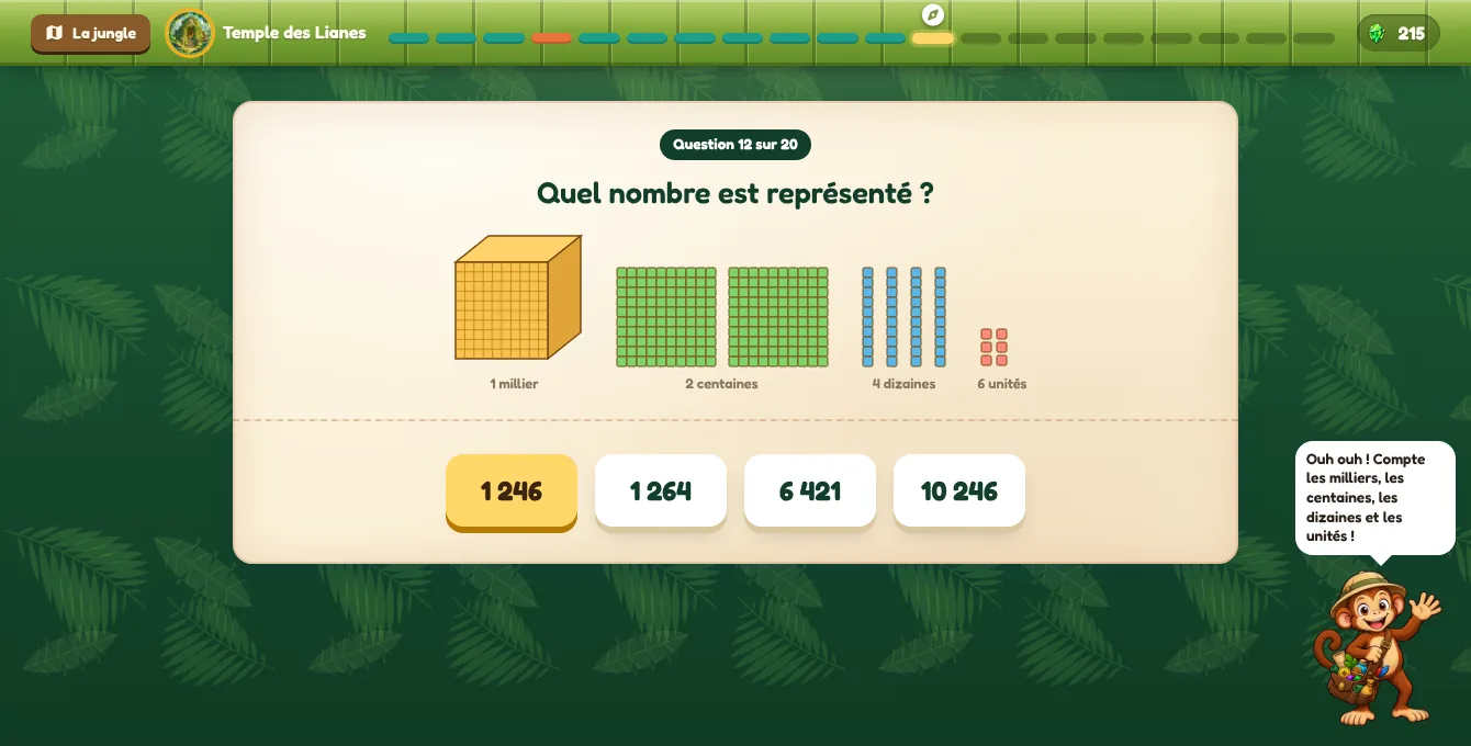 Exemple d'exercice de CE2 dans l'univers « L'Expédition dans la jungle » : Lire un nombre représenté avec le matériel de numération