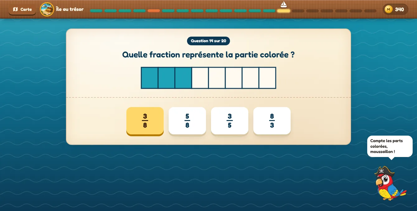 Exemple d'exercice de CM1 dans l'univers « Les pirates » : Reconnaître la fraction de la partie colorée