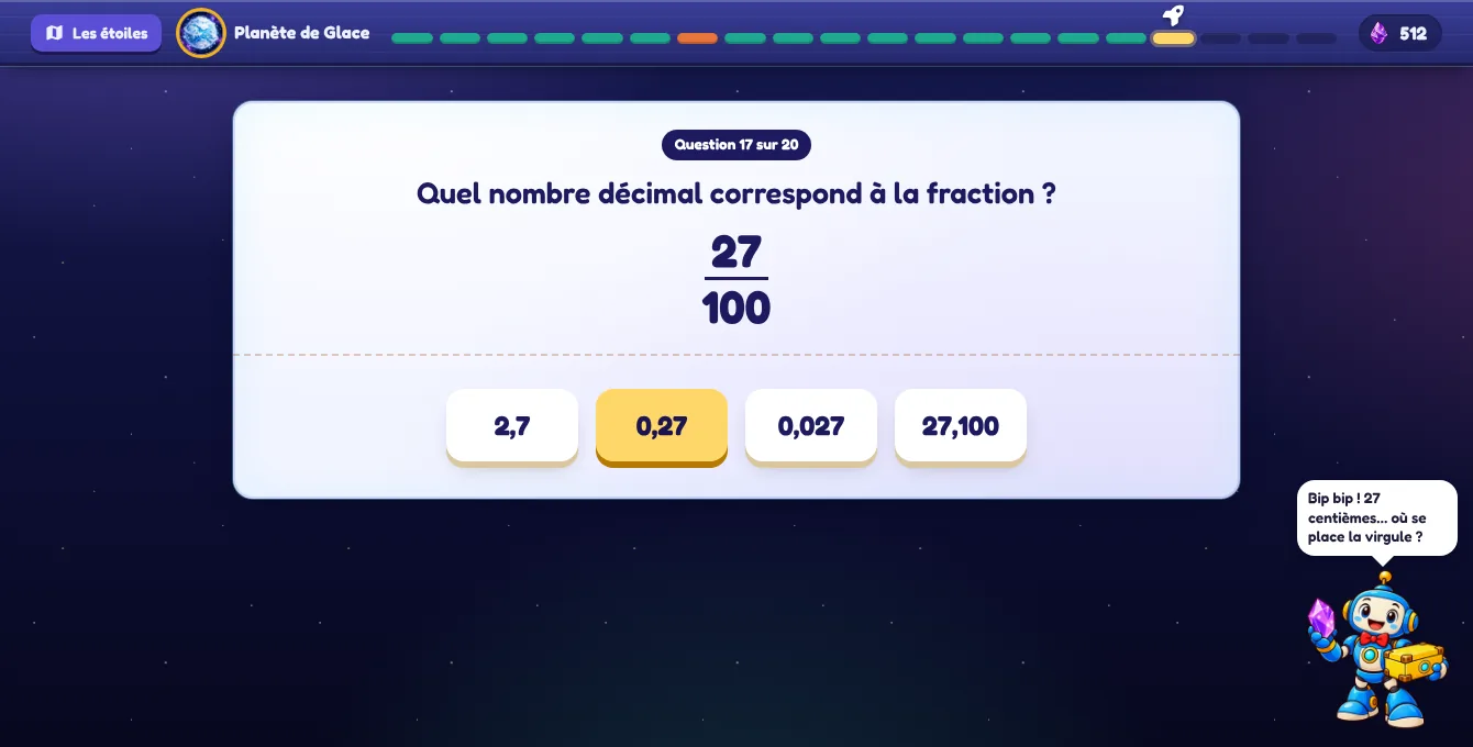 Exemple d'exercice de CM2 dans l'univers « La conquête de l'espace » : Passer d'une fraction décimale à l'écriture à virgule