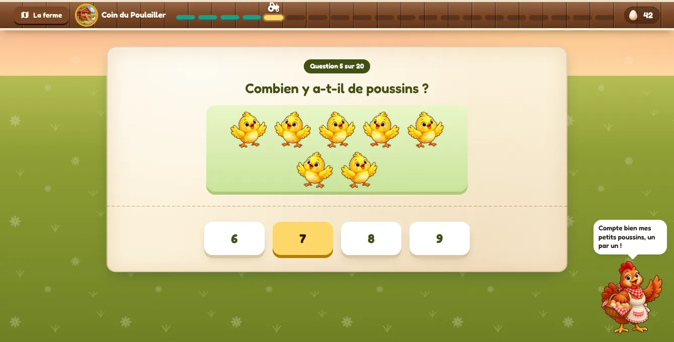Exemple d'exercice de CP dans l'univers « La Ferme de Cocotte » : Compter jusqu'à 10 : combien y a-t-il de poussins ?
